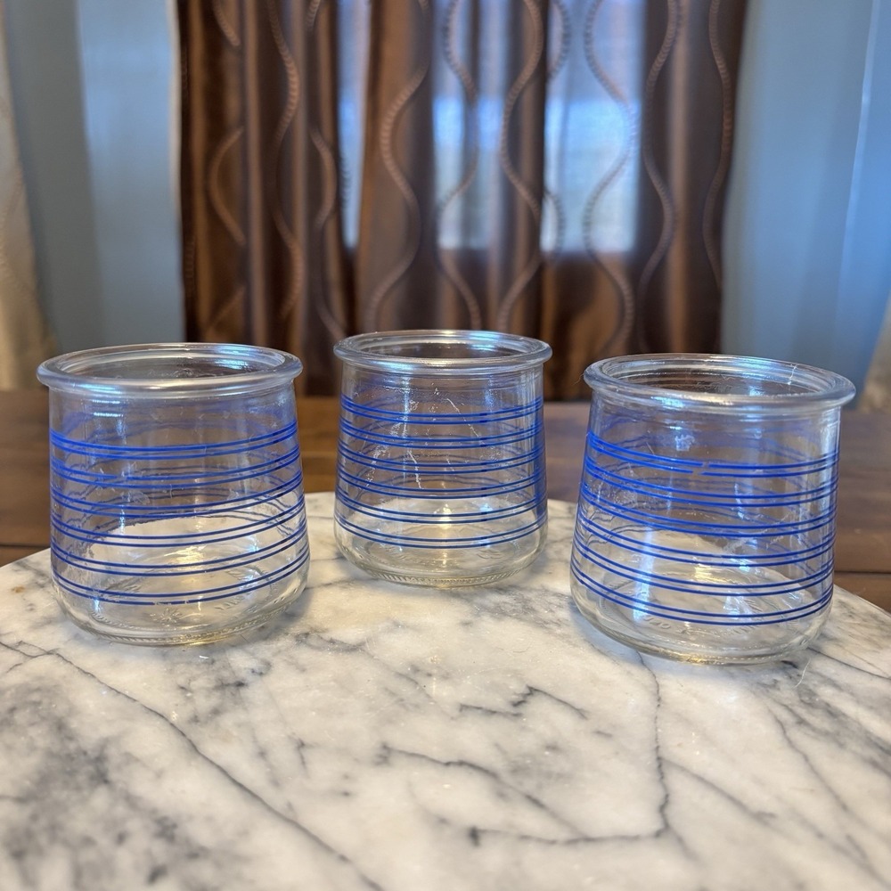 3pc VTG Qui Yogurt‎ Jars Clear Glass with Blue Stripes